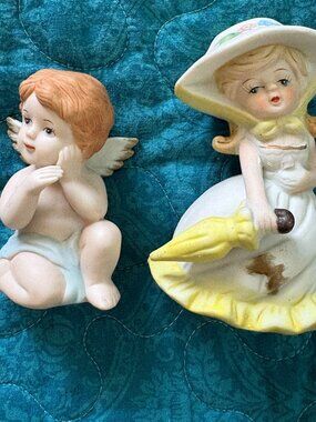 Lot of 2 Porcelain VTG Figurines: Cherubs Angel and Victorian Girl w/Umbrella